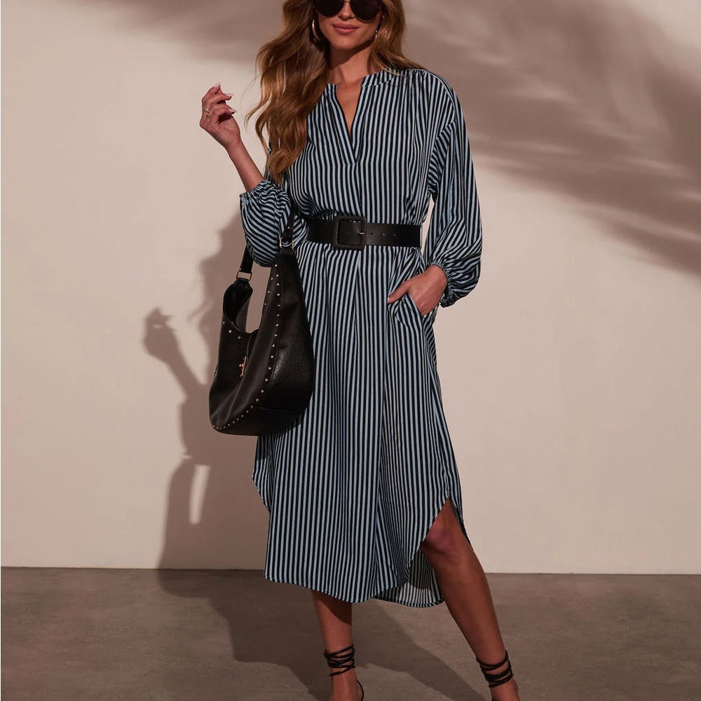 Vici Dimarco Striped Pocketed Belted Midi Dress Black/Blue XL NWOT